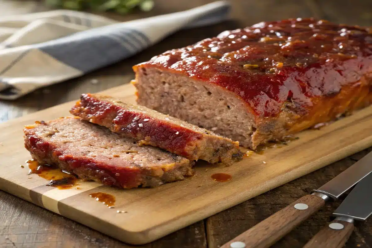 Juicy homemade meatloaf sliced open, revealing tender texture.
