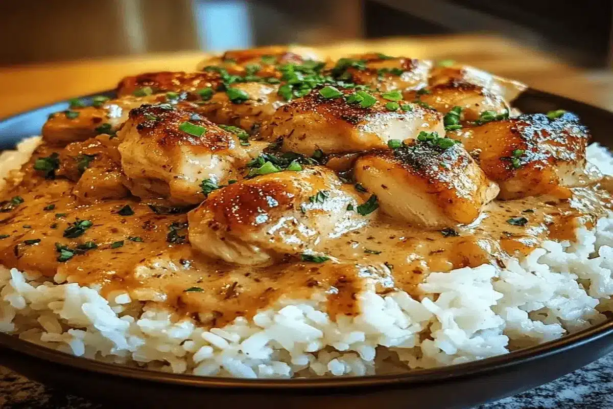 Smothered chicken and rice served hot