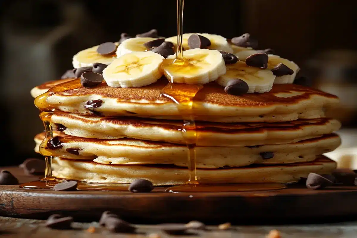 Fluffy banana chocolate chip pancakes with syrup