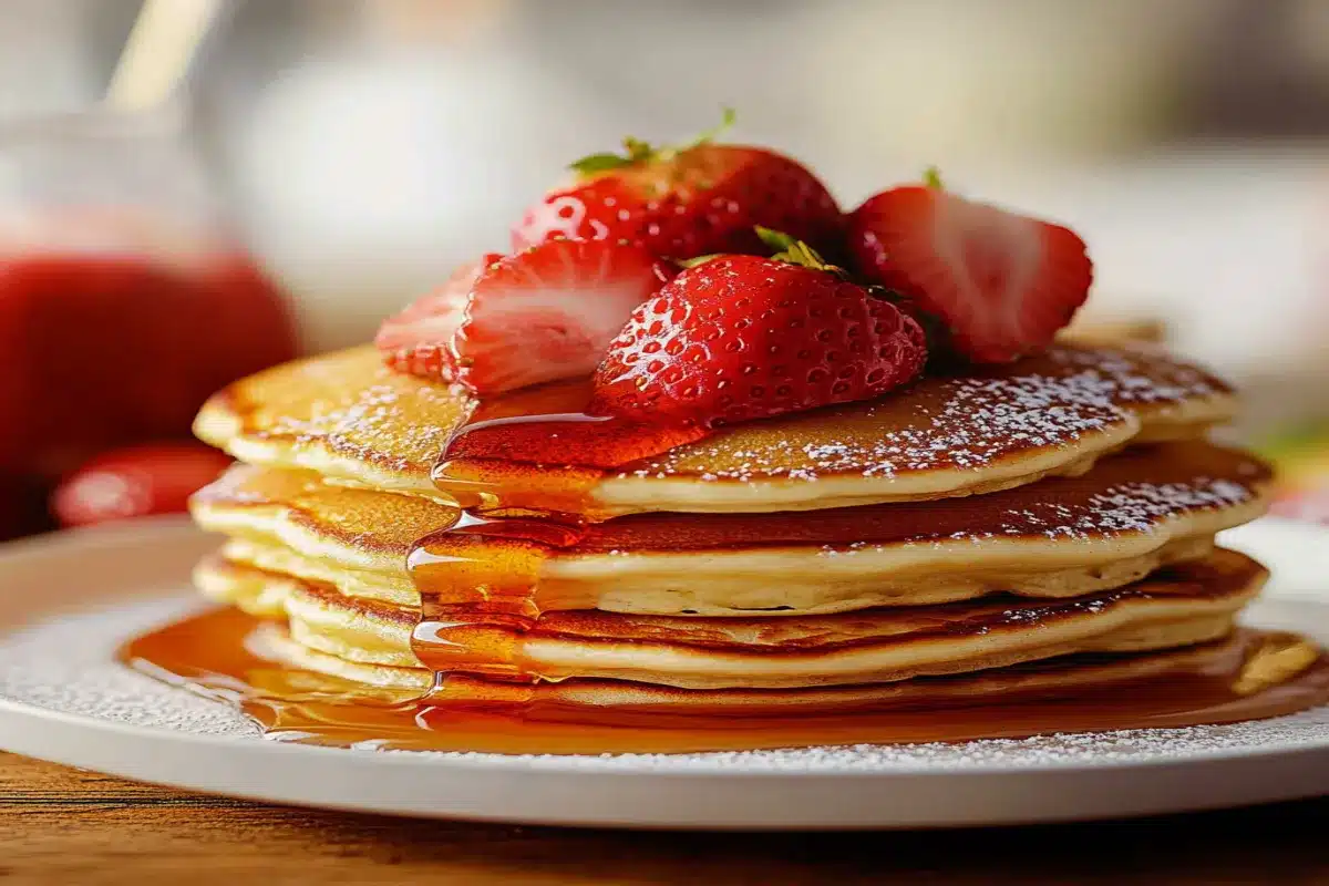 Fluffy strawberry pancakes with fresh fruit and syrup