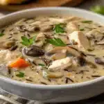 creamy mushroom chicken and wild rice soup in bowl with parsley